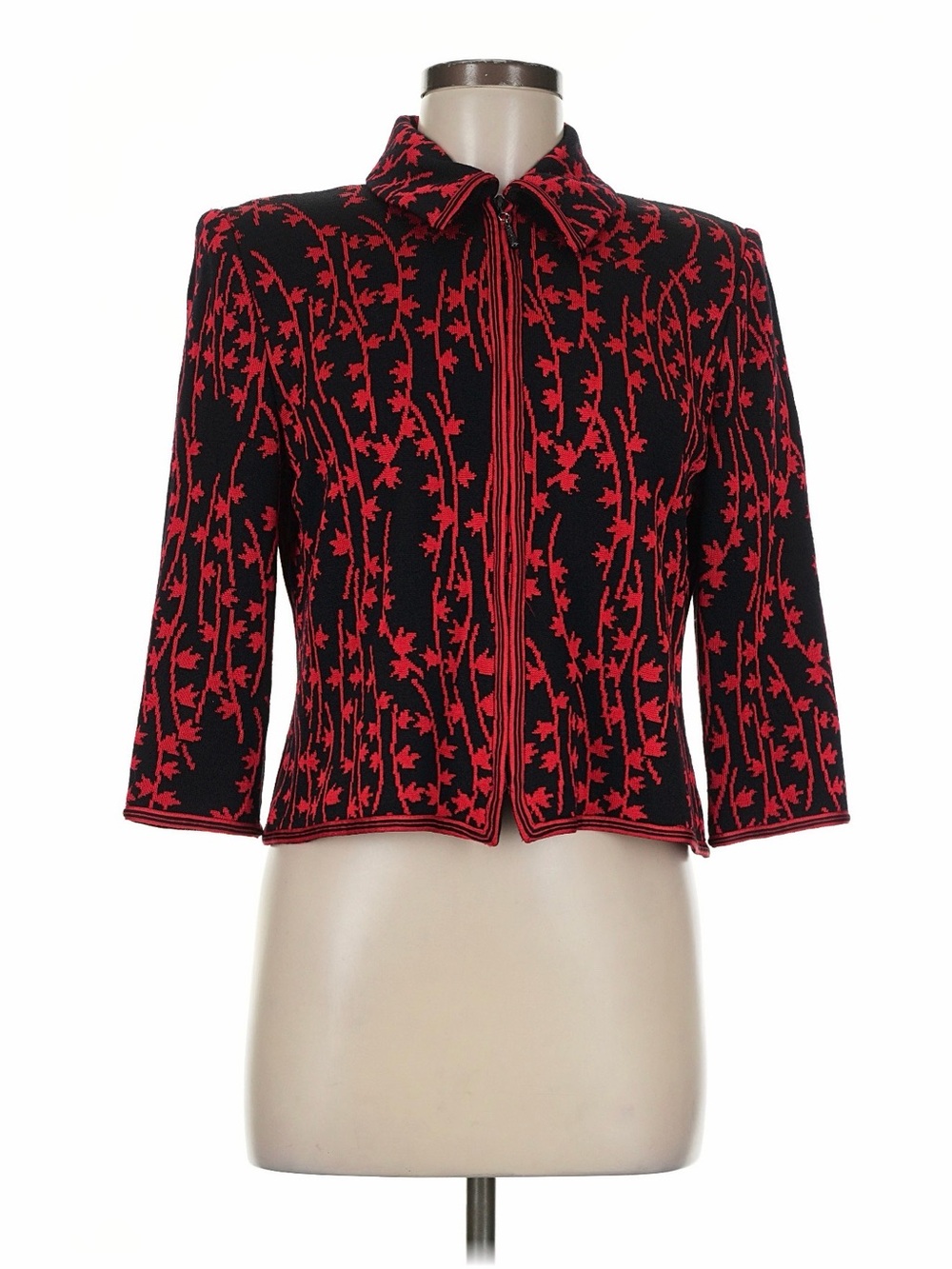 Vintage St. John Collection Marie Gray Black Red Jacquard Zip Jacket Size 8 - Picture 8 of 9